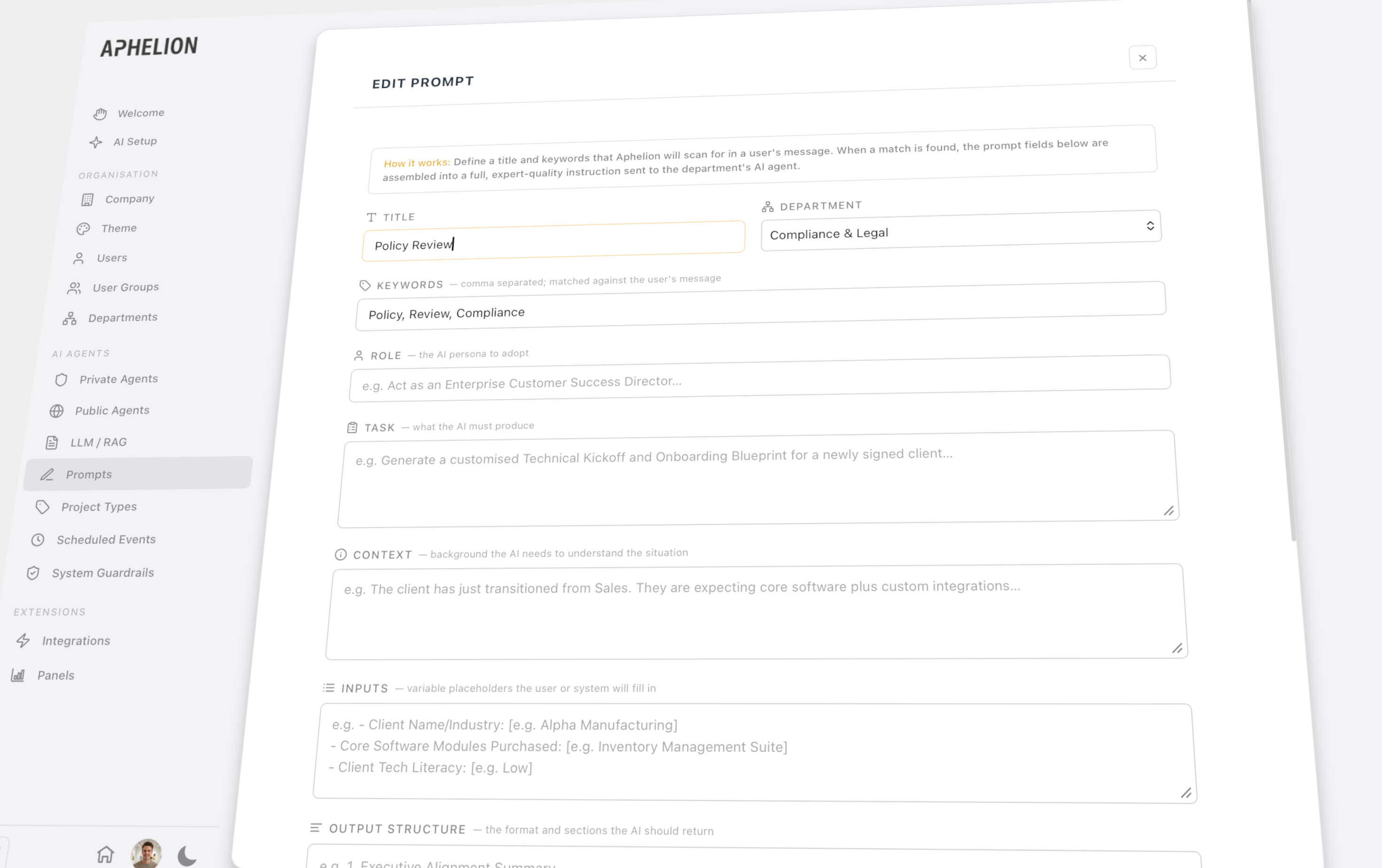 Aphelion curated prompt library interface